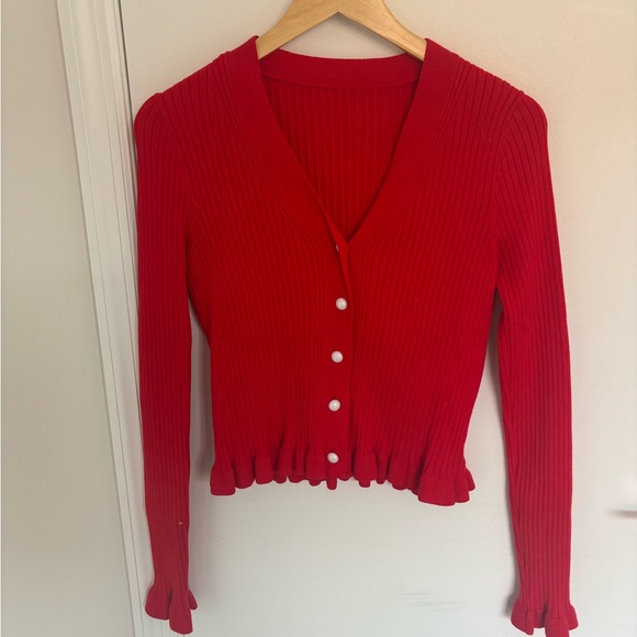 Commense Size L Ruffled Trim Button-Front Long Sleeve Cardigan - Picture 2 of 5